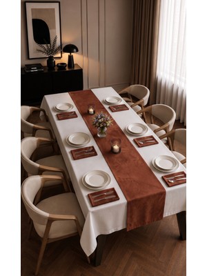 Dokuar Kadife Dokulu Premium Düz Polyester Masa Örtüsü Runner 6'lı Kumaş Peçete Yemek Masası Seti