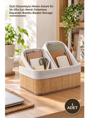 Yenilig 1 Adet Bambu Sepet Seti – Üçlü Düzenleyici Keten Astarlı Ev ve Ofis Için Nemli Ortamlara Dayanıklı Bambu Basket Storage