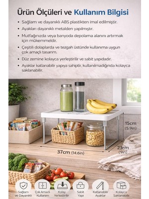 ve Mutfak Tezgahı Için Raf Düzenleyici, Buzdolabı Uyumlu Yükseltici Organizer, Metal Ayaklı Ek Raf, Çok Amaçlı Raf Düzenleyici Stand, Dolap, Tezgah ve Buzdolabı Için Uygun