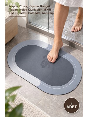 Yenilig 1 Adet Oval Süper Emici Banyo Paspası – Nappa Yüzey, Kaymaz Kauçuk Taban, Kolay Kıvrılabilir, 38X58 Cm, Gri Mavi, Bath Mat, Anti-Slip