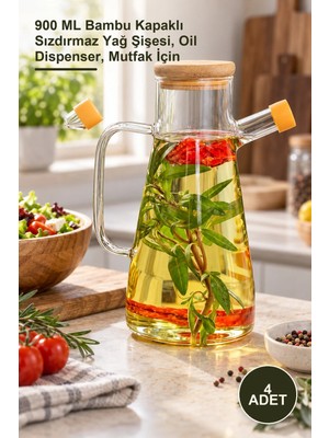 Yenilig 4 Adet Borosilikat Cam Yağdanlık – 900 ml Bambu Kapaklı Sızdırmaz Yağ Şişesi, Oil Dispenser, Mutfak Için