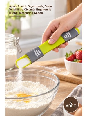Yenilig 5 Adet Ayarlanabilir Ölçüm Kaşığı – Ayarlı Plastik Ölçer Kaşık, Gram ve Mililitre Ölçümü, Ergonomik Mutfak Measuring Spoon