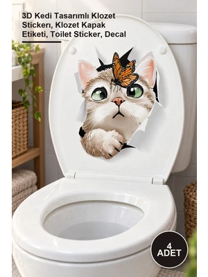 Yenilig 4 Adet Klozet Etiketi Kedi Vs Kelebek – 3D Kedi Tasarımlı Klozet Stickerı, Klozet Kapak Etiketi, Toilet Sticker, Decal