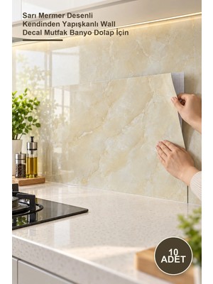 Yenilig 10 Adet Alüminyum Plastik Duvar Stickerı – Sarı Mermer Desenli Kendinden Yapışkanlı Wall Decal Mutfak Banyo Dolap Için