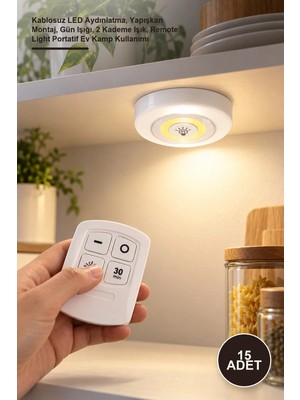 Yenilig 15 Adet Kumandalı Spot Lamba Seti – Kablosuz LED Aydınlatma, Yapışkan Montaj, Gün Işığı, 2 Kademe Işık, Remote Light Portatif Ev Kamp Kullanımı