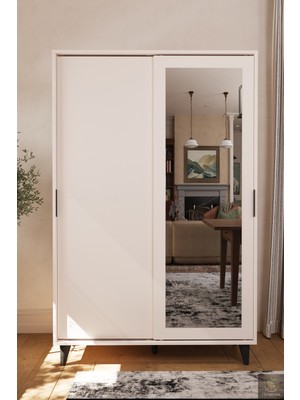 Lignosar Liminal Aynalı Vestiyer – 8 Raflı, Sürgü Kapaklı Portmanto & Askılık, Vizon Bej