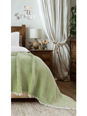 %100 Pamuk 6 Katlı Müslin Yorgan Pike Yatak Örtüsü (Çağla Yeşili, 220X240Ç.KİŞİLİ)