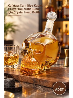 Yenilig 3 Adet Kuru Kafa Şişe – Kafatası Cam Şişe Kapaklı 1 Litre, Dekoratif Sunum Için Crystal Head Bottle