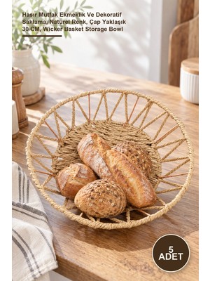 Yenilig 5 Adet Doğal Örgü Yuvarlak Sepet – Hasır Mutfak Ekmeklik ve Dekoratif Saklama, Natürel Renk, Çap Yaklaşık 30 Cm, Wicker Basket Storage Bowl