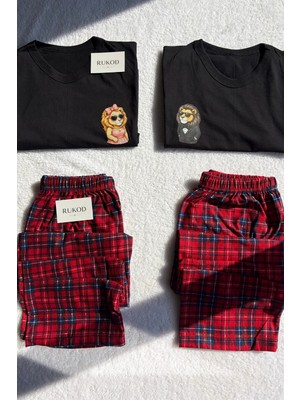 Rukod Kadın Tekli Siyah Aslanlı Kısa Kollu Pijama Takımı (Çift Pijamasının Kadını)