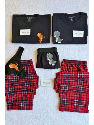 Rukod Kadın Tekli Siyah Kedicik & Farecik Pijama ve Iç Giyim Takımı (Çift Pijamasının Kadını)