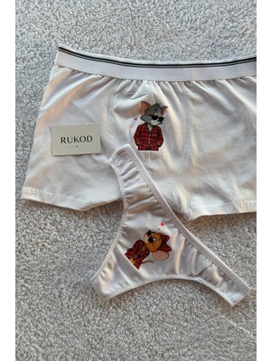 Rukod Kadın Erkek Sevgili Kedicik Farecik Tanga ve Boxer Çift Çamaşır Iç Giyim Kombini 2'li Takım (Kadın Standart, Erkek Seçiniz)