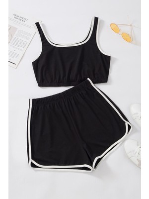 Kadın Siyah Askılı Crop Top ve Şortlu Gecelik Takım H110560 S/m M