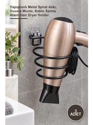 Yenilig 3 Adet Saç Kurutma Makinesi Tutucu – Yapışkanlı Metal Spiral Askı, Duvara Monte, Kablo Sarma Alanlı Hair Dryer Holder