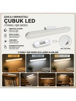 Go İthalat Şarjlı Manyetik LED Çubuk Lamba, Dokunmatik, 3 Modlu, Kablosuz Mutfak Dolap Altı ve Dekoratif Aydınlatma (5263)