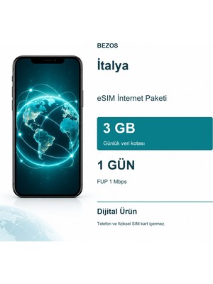 Italya Esım Internet Paketi Günlük 3 GB 1 Gün - Fup 1 Mbps