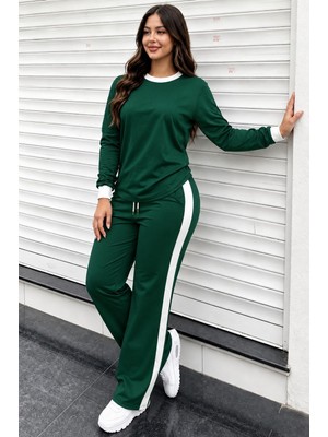 Trend Metkar Kadın Uzun Kollu Bisiklet Yakalı Viskon Iki Iplik Bluz ve Şerit Detaylı Pantolon Ikili Takım