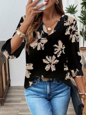 Trend Metkar Kadın Truvakar Kollu Yakalı Leopar Desenli Modal Bluz