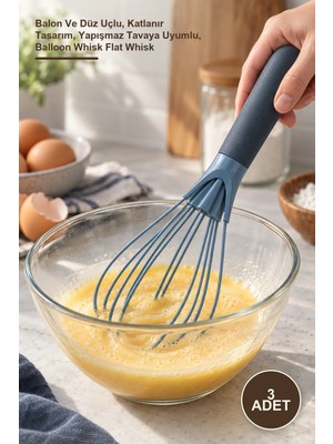 Yenilig 3 Adet Silikon Saplı Iki Işlevli Çırpıcı – Balon ve Düz Uçlu, Katlanır Tasarım, Yapışmaz Tavaya Uyumlu, Balloon Whisk Flat Whisk
