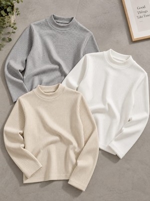 Babido Çocuk Unisex 3'lü Ribana Yarım Balıkçı Yaka Uzun Kollu Badi Seti Gri Ekru Beyaz 15-18 Yaş