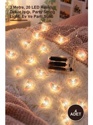 Yenilig 4 Adet LED Işıklı Gökkuşağı Dekoratif Ip – 3 Metre, 20 LED Renkli Dekor Işığı, Party String Light, Ev ve Parti Süsü