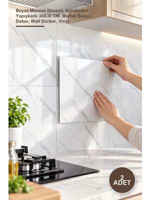 Yenilig 2 Adet Alüminyum Plastik Duvar Sticker – Beyaz Mermer Desenli, Kendinden Yapışkanlı 30X30 Cm, Mutfak Banyo Dekor, Wall Sticker, Vinyl