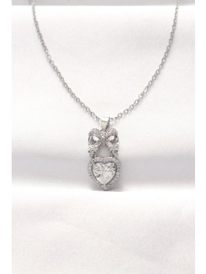 Birsence 316L Çelik Silver Renk Zirkon Taşlı Kalpli Fiyonk Kolye