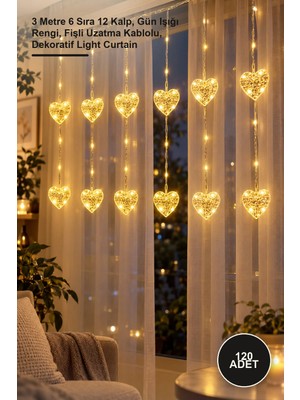 Yenilig 120 Adet Kalp Perde LED Işık – 3 Metre 6 Sıra 12 Kalp, Gün Işığı Rengi, Fişli Uzatma Kablolu, Dekoratif Light Curtain