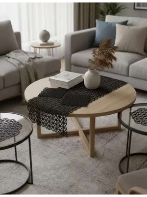 Birsence Salon Takımı Angles Çeyizlik Siyah Runner Set 5 Parça Işlemeli Ranır Masa Sehpa Konsol Örtüsü
