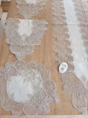 Birsence Salon Takımı Angel Çeyizlik Kreme Runner Set 5 Parça Keten Ranır Masa Sehpa Konsol Örtüsü