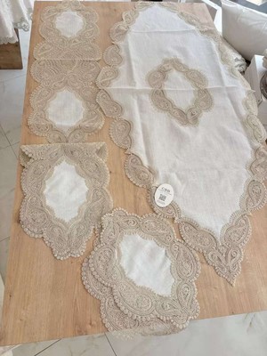 Birsence Salon Takımı Bellisima Çeyizlik Kreme Kapi Runner Set 5 Parça Keten Ranır Masa Sehpa Konsol Örtüsü