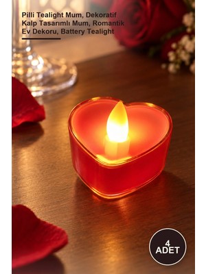 Yenilig 4 Adet Kalpli Tealight Mum – Pilli Tealight Mum, Dekoratif Kalp Tasarımlı Mum, Romantik Ev Dekoru, Battery Tealight