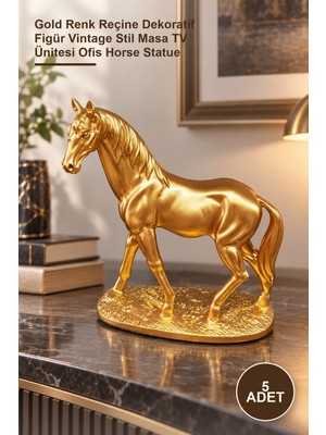 Yenilig 5 Adet At Biblosu – Gold Renk Reçine Dekoratif Figür Vintage Stil Masa Tv Ünitesi Ofis Horse Statue