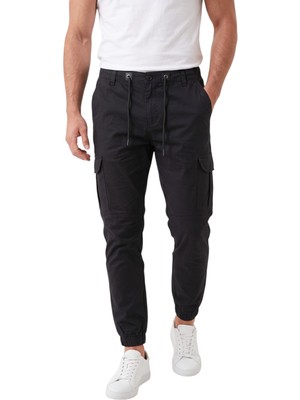 Deepsea Erkek Slim Fit Likralı Siyah Kargo Cepli Jogger Pantolon – Ipli Bel Lastikli Paça 2600589