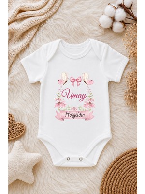 Perfect Mega Store Kız Bebek Kişiye Özel Isimli Zıbın – Hoş Geldin Yazılı Kelebek ve Çiçek Desenli Bebek Body