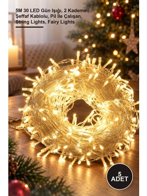 Yenilig 5 Adet Dekoratif LED Kablo – 5m 30 LED Gün Işığı, 2 Kademeli Şeffaf Kablolu, Pil Ile Çalışan, String Lights, Fairy Lights