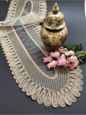 Birsence Kadife Detaylı Bej Runner (120X30CM)