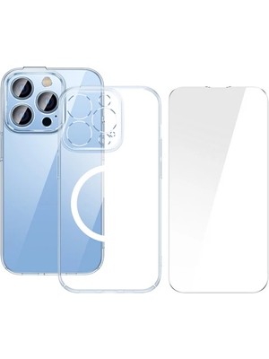 Baseus iPhone 15 Pro Max Crystal Serisi Manyetik Magsafe Silikon Kılıf + Tempered Ekran Koruyucu SET-(5775)