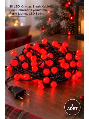 Yenilig 3 Adet 5 Metre LED Işık Zinciri – 28 LED Kırmızı, Siyah Kablolu, Fişli Dekoratif Aydınlatma, Party Lights, LED String