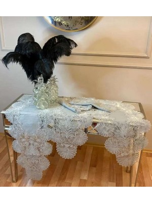 Birsence Palmiye Model Gri 7 Parça Keten Çeyizlik Runner Seti Salon Takımı