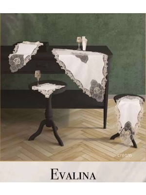 Birsence Evalina Model - 5 Parça Keten Dantelli Masa Örtüsü Seti Zarif Salon Takımı