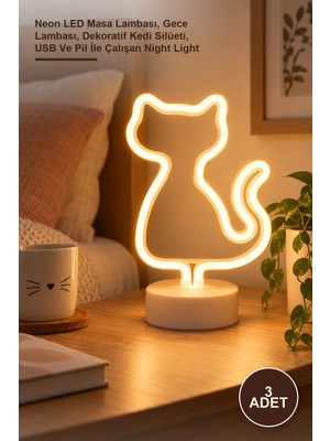 Yenilig 3 Adet Neon Işıklı Kedi Tasarımlı Lamba – Neon LED Masa Lambası, Gece Lambası, Dekoratif Kedi Silüeti, USB ve Pil Ile Çalışan Night Light
