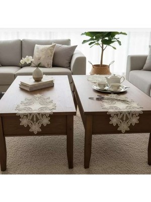 Birsence Selena Model Çeyizlik 5 Parça Dantelli Keten Runner Masa Örtüsü Seti