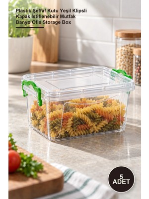 Yenilig 5 Adet Şeffaf Saklama Kutusu 1.5 Litre – Plastik Şeffaf Kutu Yeşil Klipsli Kapak Istiflenebilir Mutfak Banyo Ofis Storage Box