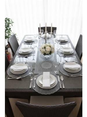 Birsence Fransız Dantelli Runner ve Supla Takımı (1 Runner, 6 Supla) Gri