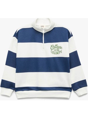 Koton  Yarım Fermuarlı Dik Yaka Oversize Çizgili Ekru Erkek Çocuk Sweatshirt 7WKB10051TK