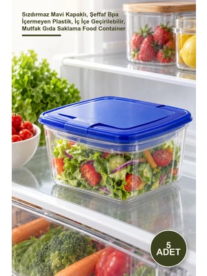 Yenilig 5 Adet Kare Saklama Kabı Seti – Sızdırmaz Mavi Kapaklı, Şeffaf Bpa Içermeyen Plastik, Iç Içe Geçirilebilir, Mutfak Gıda Saklama Food Container