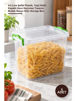 Yenilig 5 Adet Derin Saklama Kutusu – 4.5 Litre Şeffaf Plastik, Yeşil Kilitli Kapaklı Hava Geçirmez Tasarım, Mutfak Banyo Kiler Storage Box