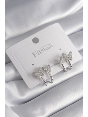 Birsence Pirinç Gümüş Renk Zirkon Taşlı Kelebek Model Kadın Küpe
