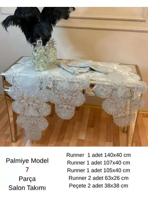 Birsence Keten Palmiye Model Gri 5 Parça Masa Örtüsü Runner Seti Salon Takımı